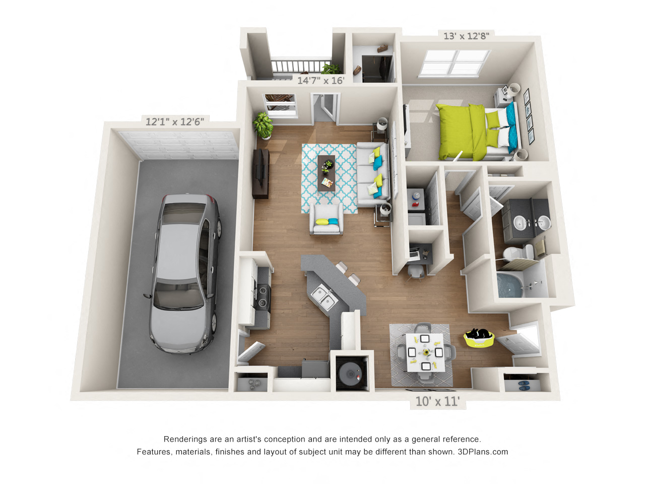Floor plan for 1 bed, 1 bath, 880 sqft
